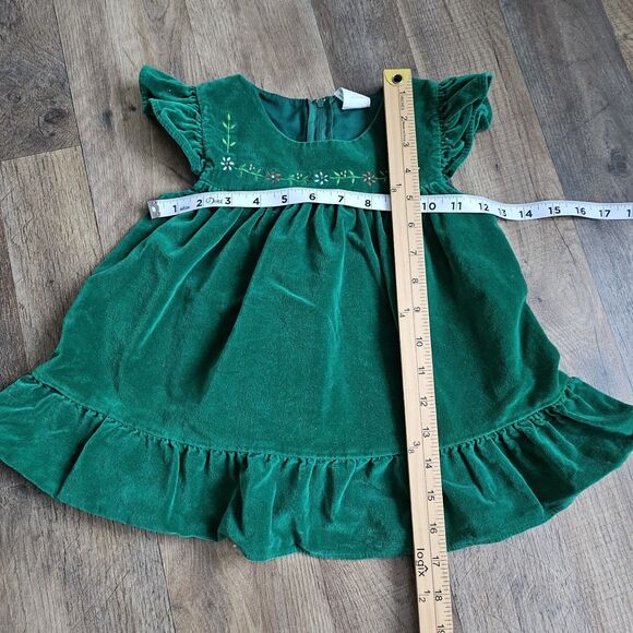 Vintage Green Velvet Toddler Dress Embroidered Flowers Ruffle Hem 90s Size 4 - Picture 7 of 7